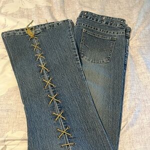 Classic Blue Leather Lace-Up Straight Leg Jeans